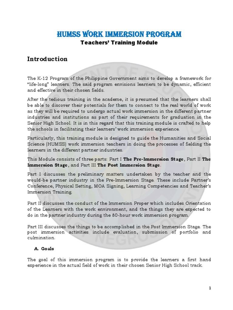 Humss Work Immersion Program PDF Learning Teachers