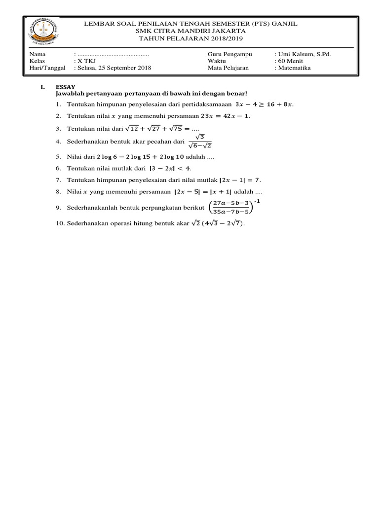 I Essay Jawablah Pertanyaan Pertanyaan Di Bawah Ini Dengan Benar