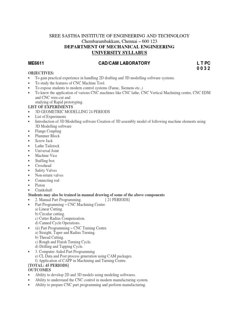 CAD/CAM Lab Syllabus & Objectives | PDF | Technology & Engineering