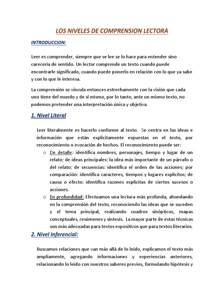 Los Niveles de Comprension Lectora | PDF | Lectura (proceso ...