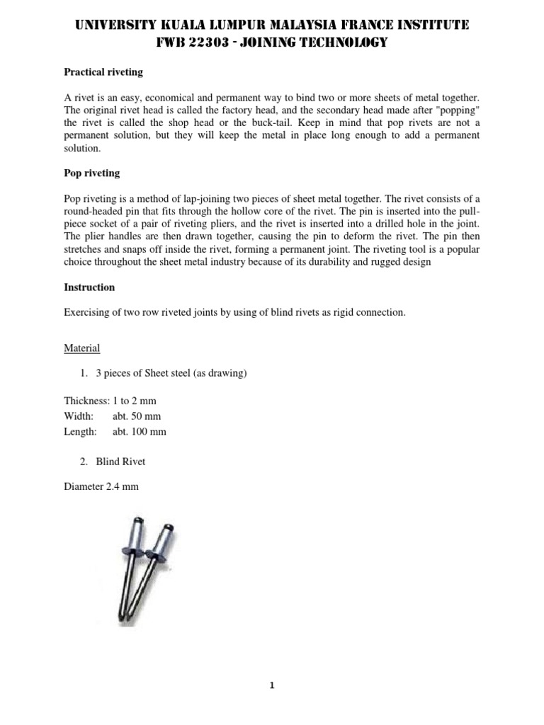 Sem 1 Riveting Worksheet | PDF | Rivet | Sheet Metal