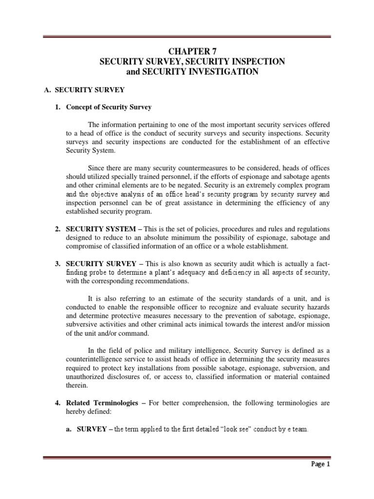 Security Survey, Security Inspection and Security Investigation PDF Counterintelligence