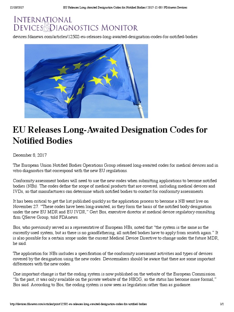 EU Releases Long-Awaited Designation Codes For Notified Bodies - 2017 ...