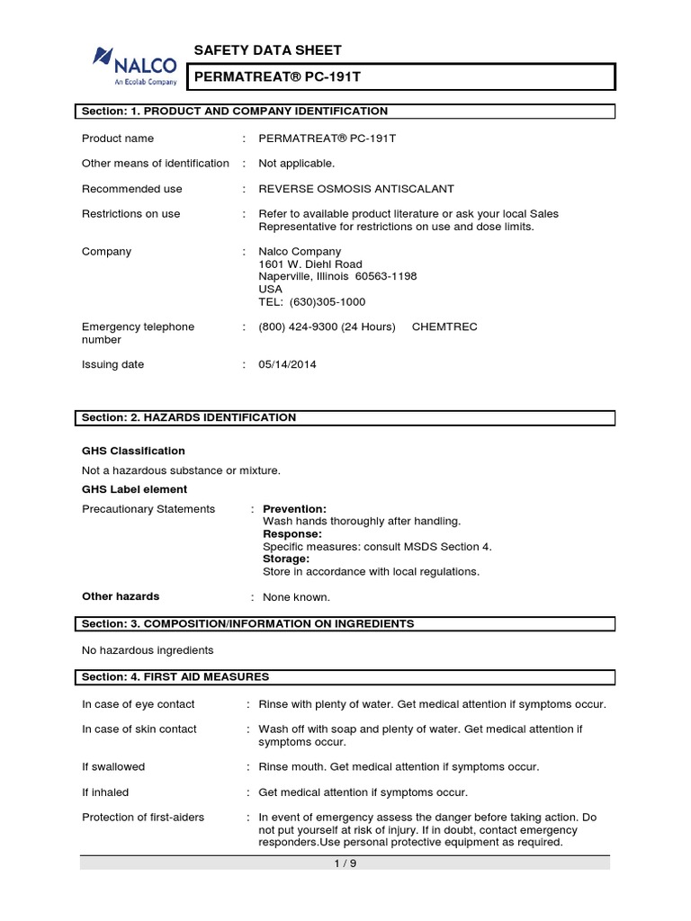 Safety Data Sheet Permatreat® Pc-191T: Section: 1. Product and Company ...