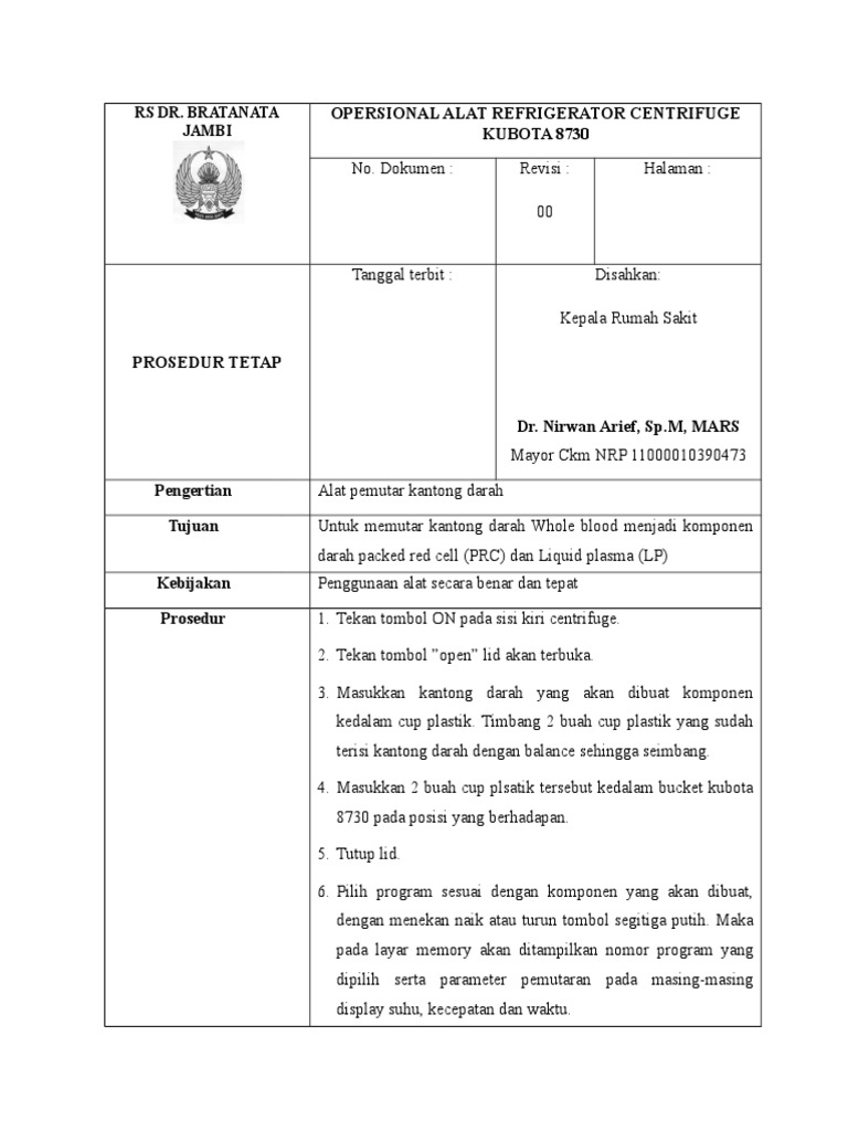 Sop Refrigerator Centrifuge PDF