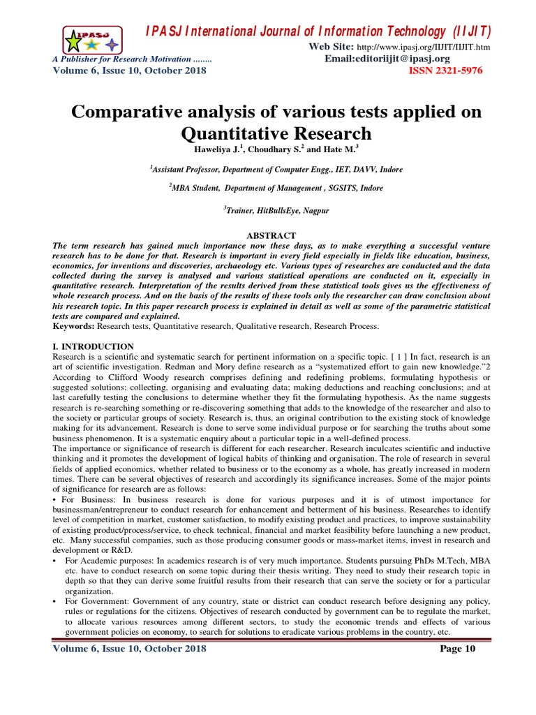 Comparative analysis of various tests applied on Quantitative Research ...