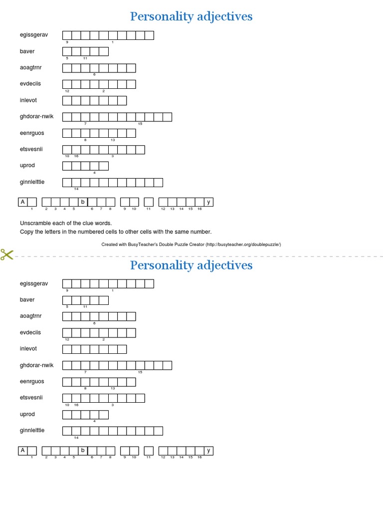 Personality Adjectives Puzzle | PDF
