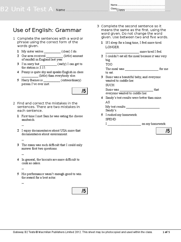 B2 unit 4 test a use of english grammar expert