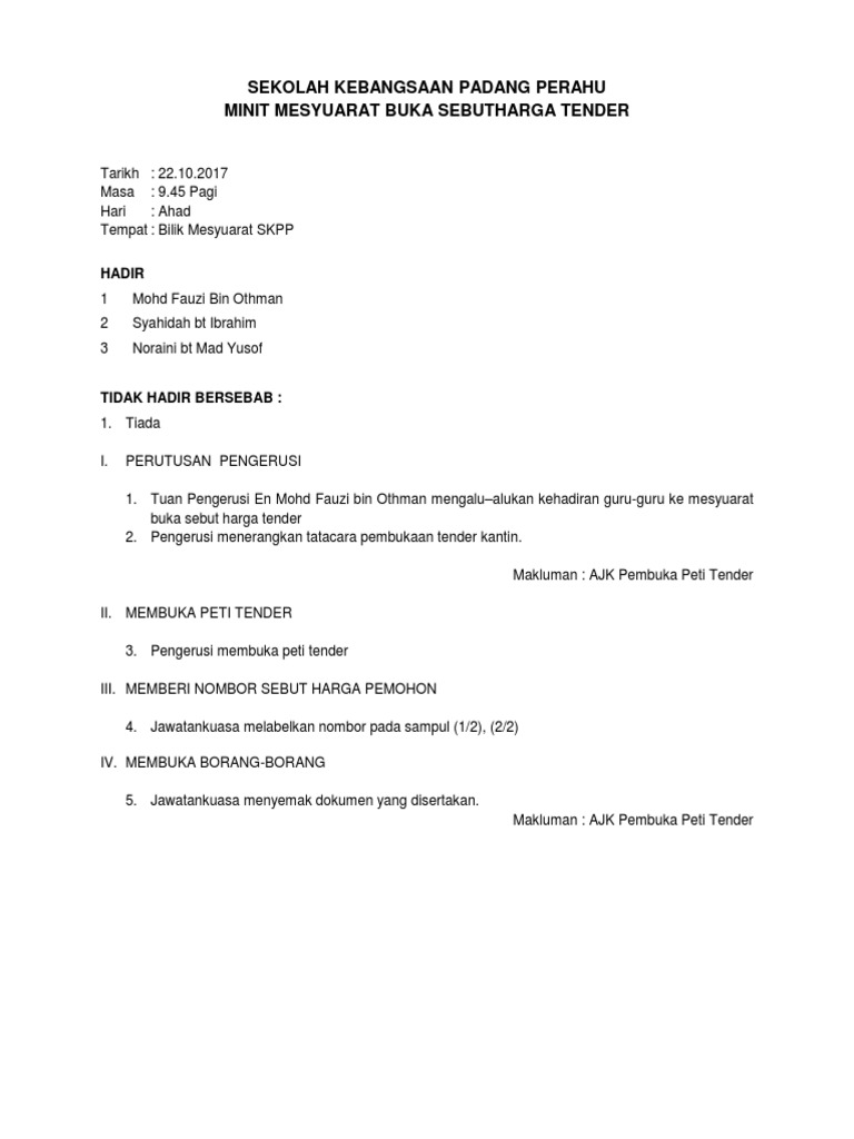 Minit Mesyuarat Buka Tender Skpp Pdf