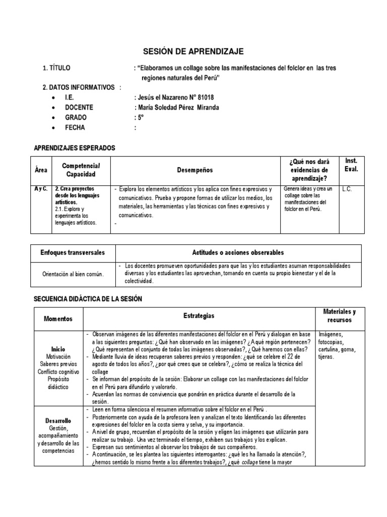 Sesión de Aprendizaje de Arte | PDF | Aprendizaje | Maestros