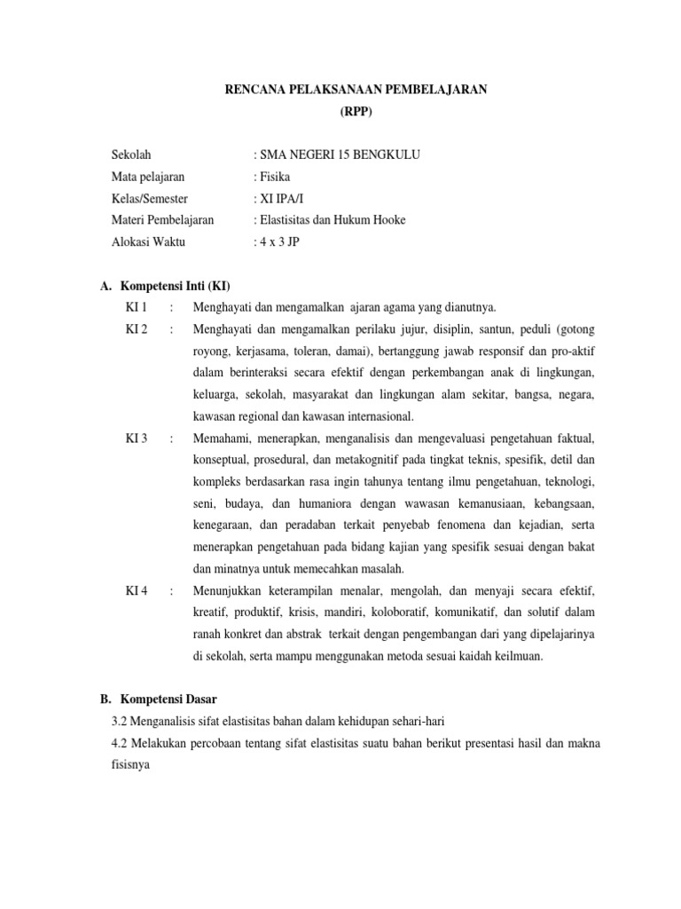 Rpp Elastisitas Dan Hukum Hooke Kurikulum 2013