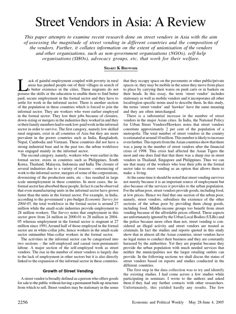 Street Vendors In Asia A Review By Sharit K Bhowmik Pdf Poverty
