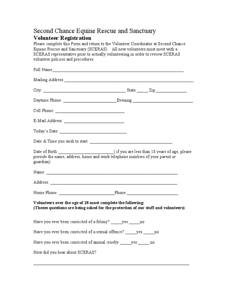Second Chance Equine Rescue and Sanctuary Volunteer Registration PDF Indemnity Justice