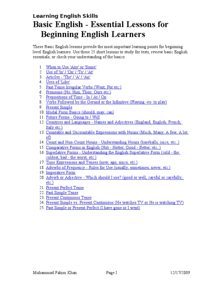 Basic English - Essential Lessons For Beginning English Learners | PDF ...