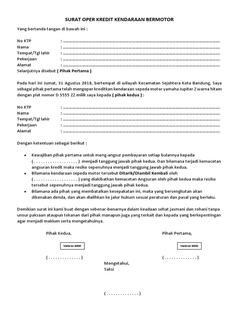 Surat Perjanjian Oper Kredit Motor