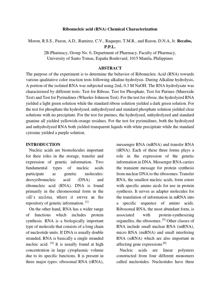 Ribonucleic Acid (RNA) Chemical Characterization | PDF | Nucleic Acids ...