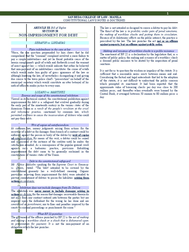 Notes Doctrines Article III Section 20 Non Imprisonment For Debt | PDF ...