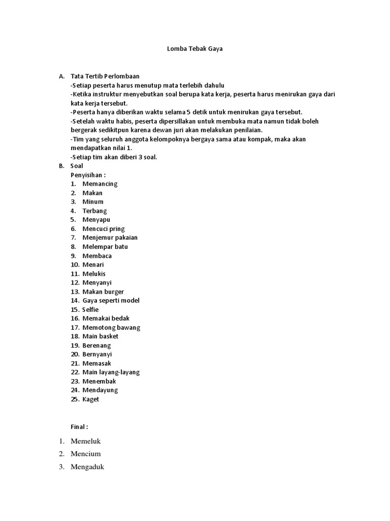 Soal Games Tebak Gaya