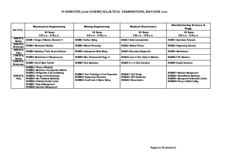 VTU Time Table | PDF | Mechanical Engineering | Engineering
