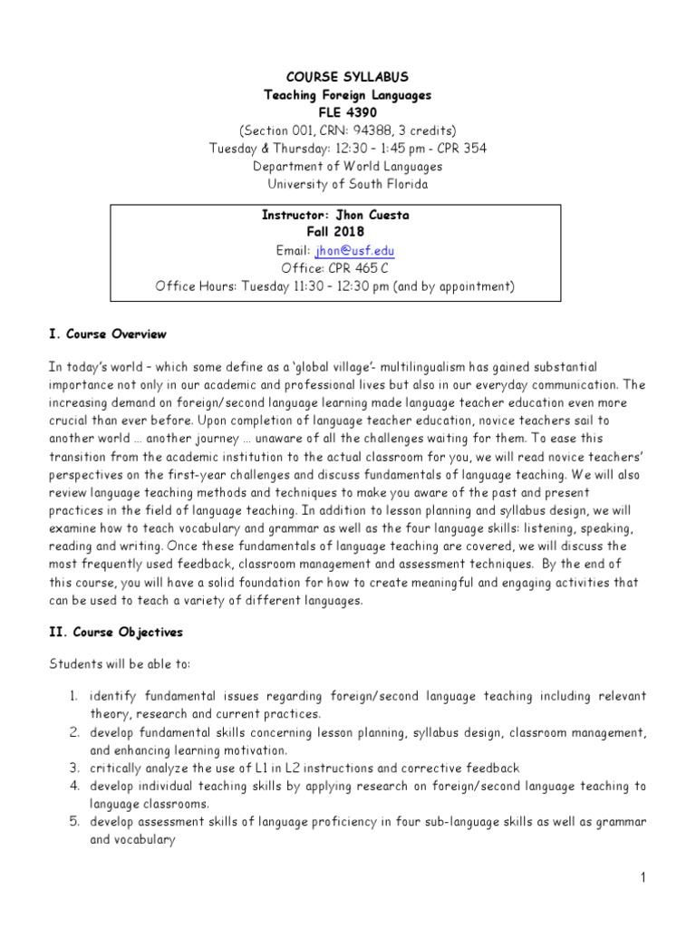 Fle 4390 Syllabus Fall 2018 | PDF | Lesson Plan | Language Education
