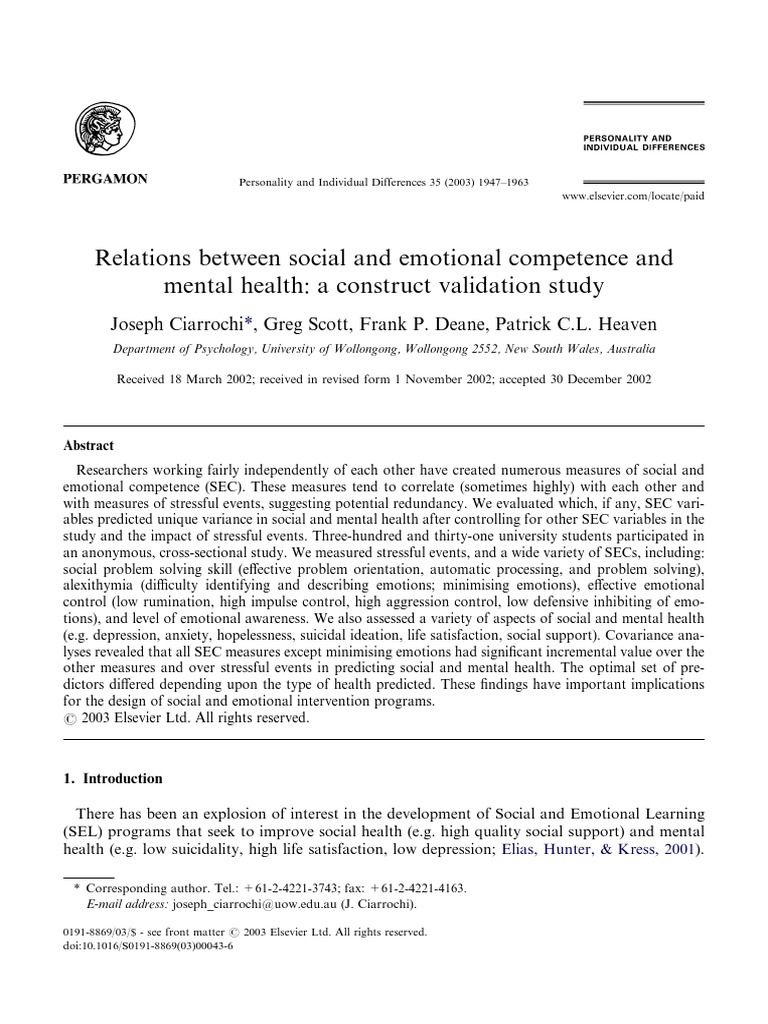 Social-Emotional Competence and Mental Health | PDF | Social Support ...