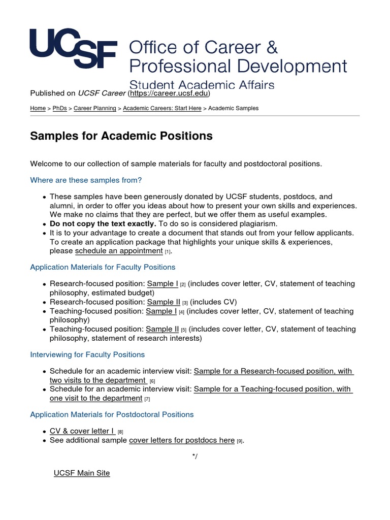 Ucsf Career Samples For Academic Positions 2015 06 30 Pdf Science Academia