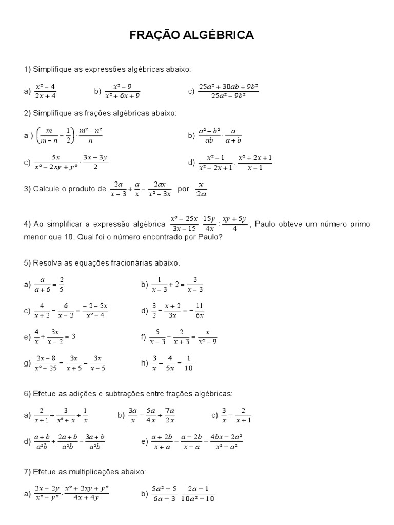 Exercícios de Simplificação Algébrica | PDF | Fração (Matemática ...