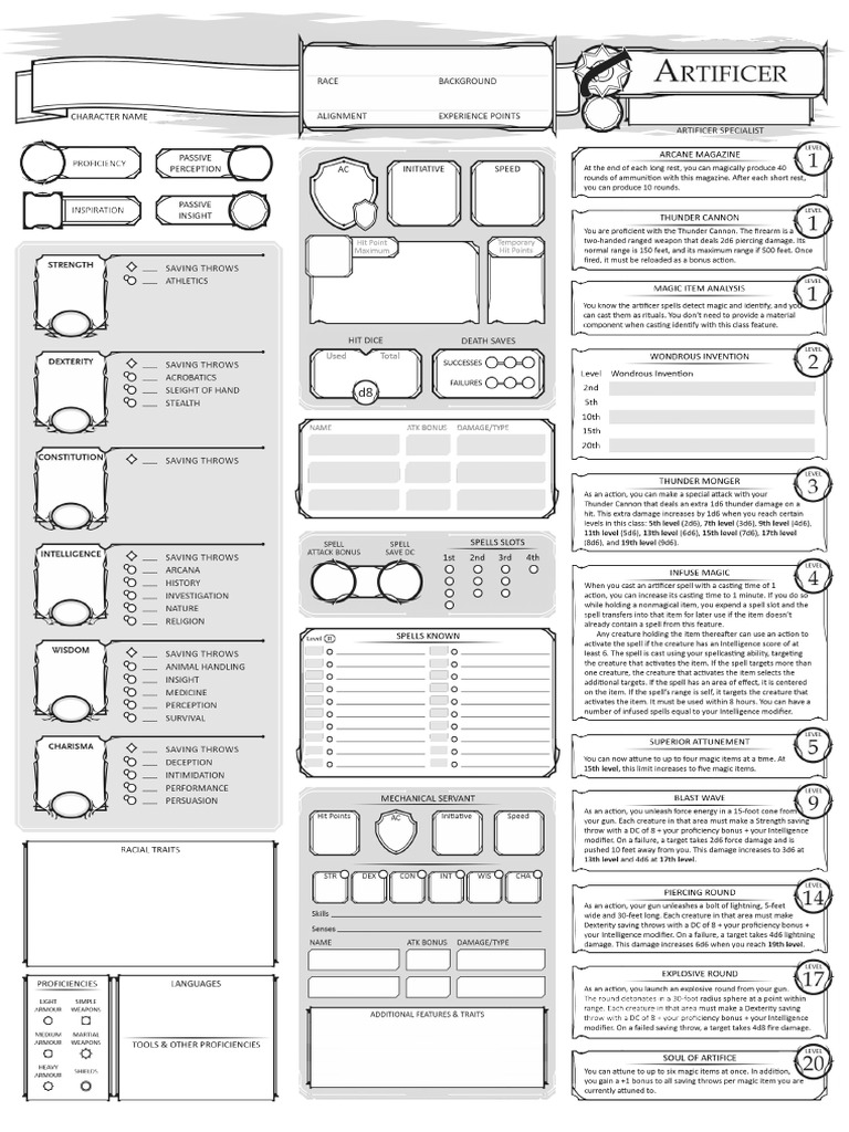 Dungeons and Dragons Class Character Sheet - Artificer-Gunsmith V1.1 | PDF