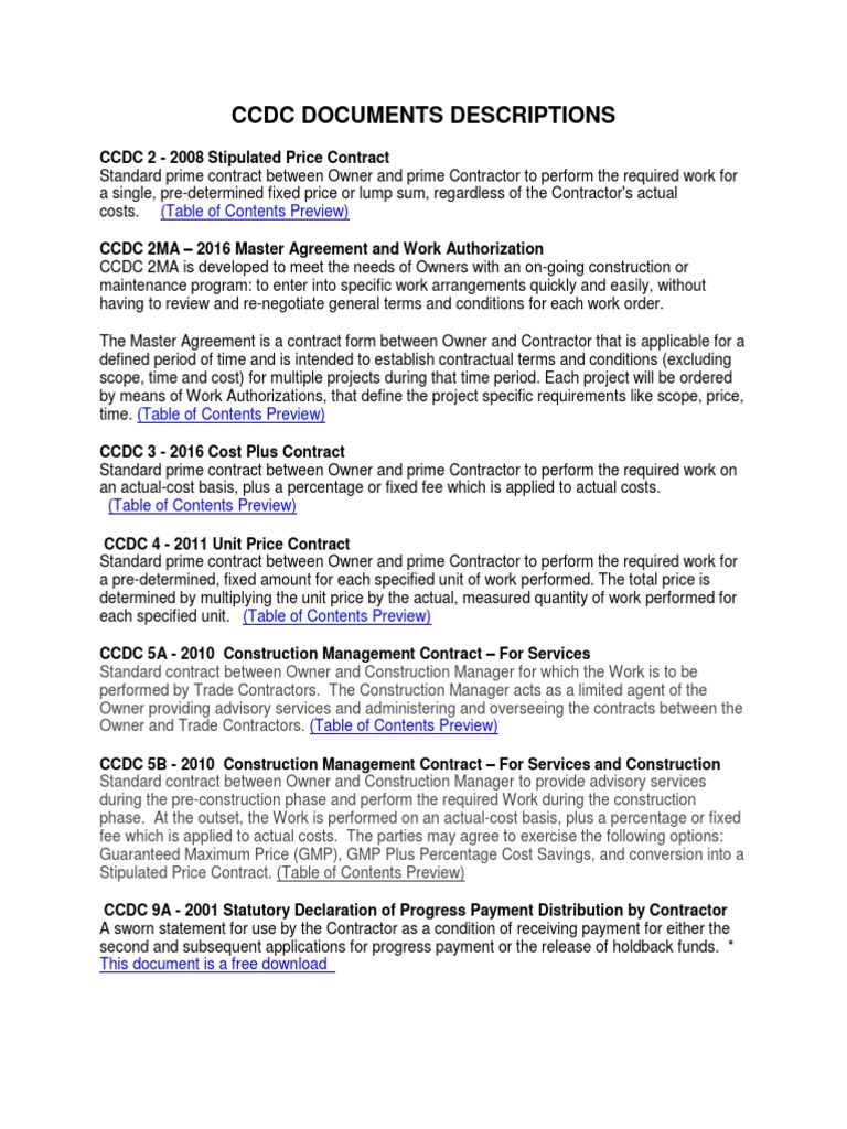 CCDC Documents Descriptions PDF Surety Bond Construction Management