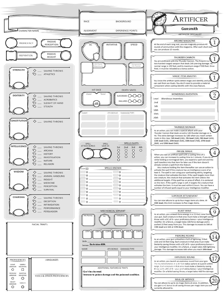 Dungeons and Dragons Class Character Sheet_ArtificerGunsmith V1.1_Fillable