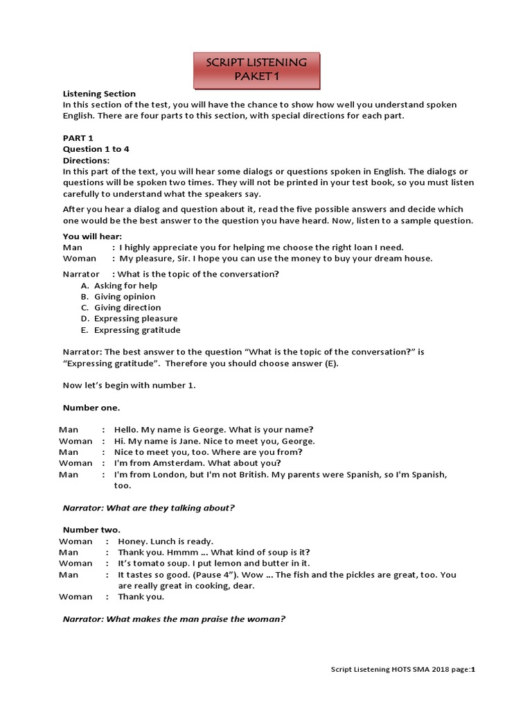 Listening Test Script for SMA 2018 | PDF | Language Arts & Discipline ...
