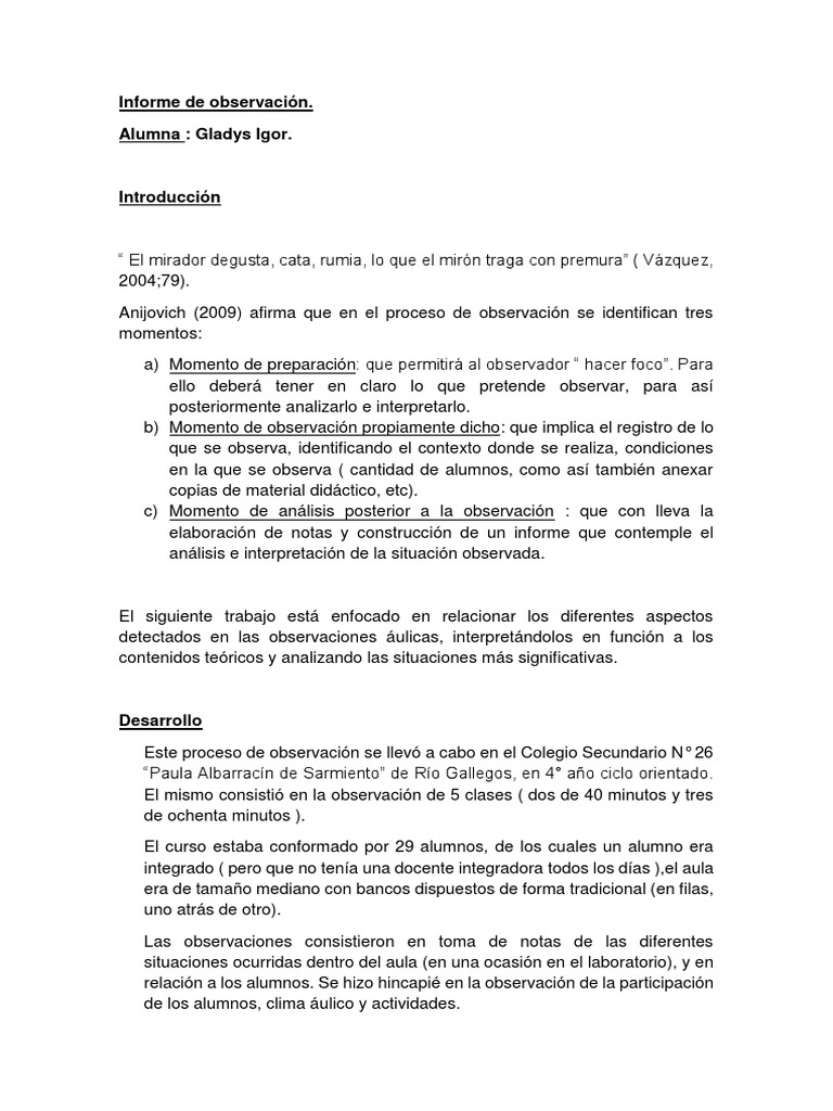 Informe De Observación 2018 Maestros Salón De Clases