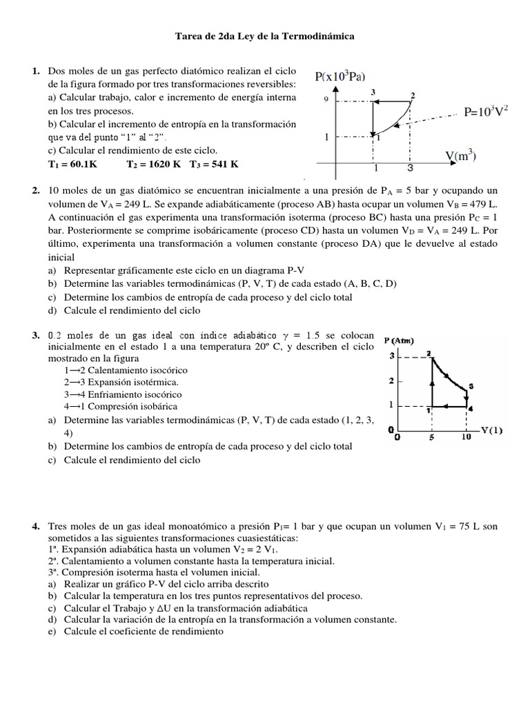 Problemas de Termodinámica y Ciclos Termodinámicos | PDF | Gases | Entropía