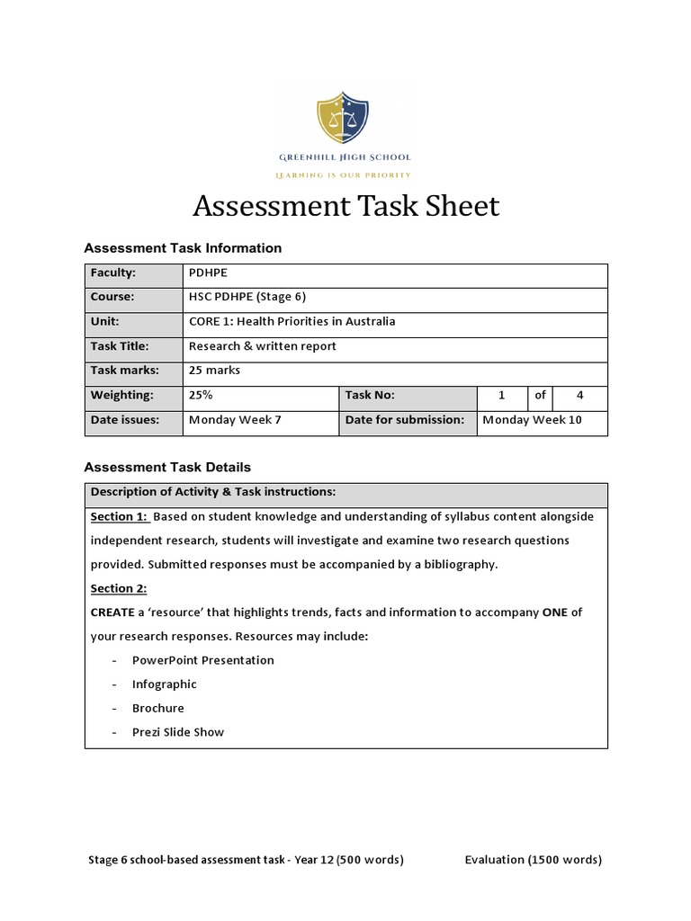 Year 12 HSC PDHPE Assessment Task | PDF | Educational Assessment | Teachers