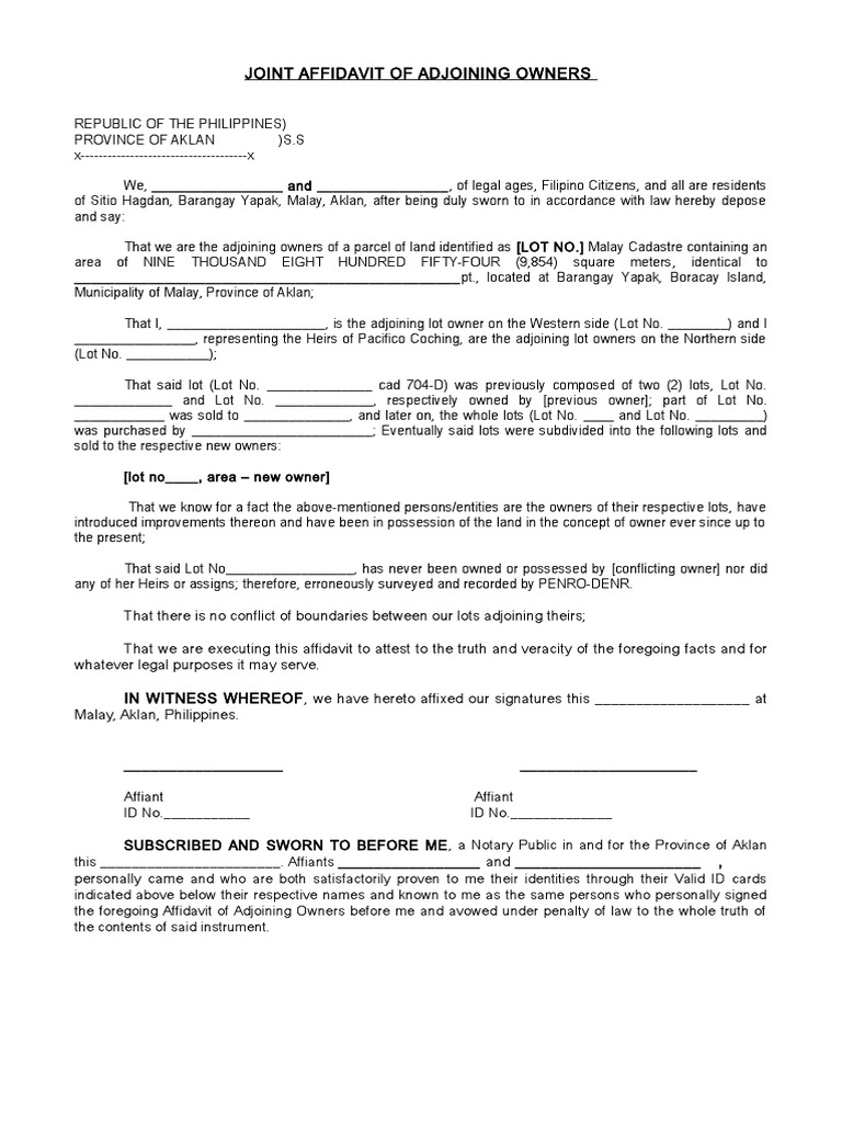 Joint Affidavit of Adjoning Owners Template Affidavit Document