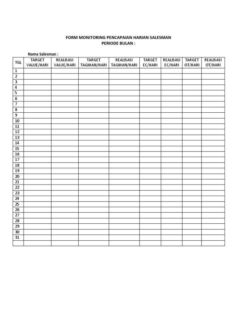 Form Monitoring Pencapaian Harian Salesman Periode Bulan | PDF