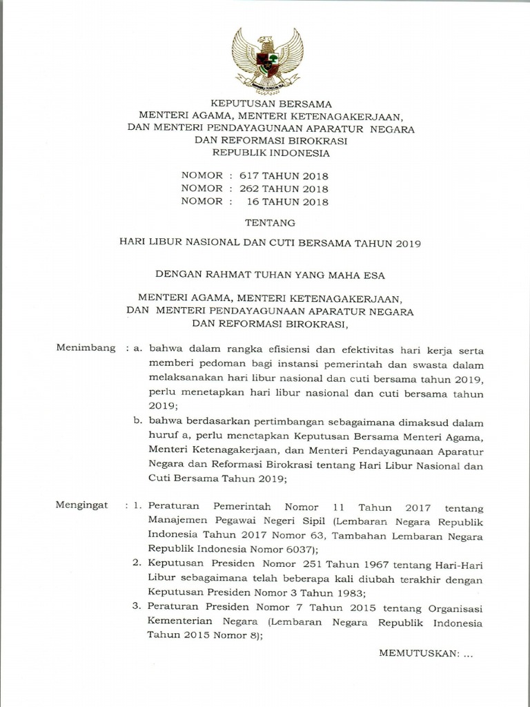 SKB 3 Menteri Hari Libur Nasional Dan Cuti Bersama Tahun