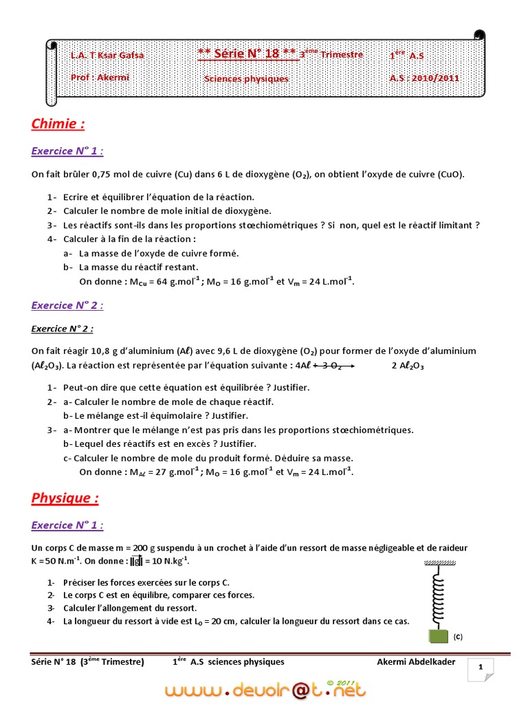 Chimie:: Série #18 | PDF | Stœchiométrie | Obliger