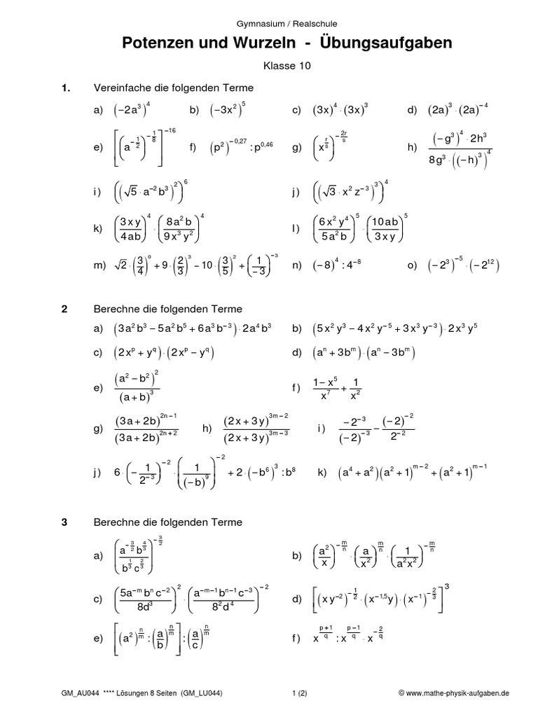 Potenzen Aufgaben PDF