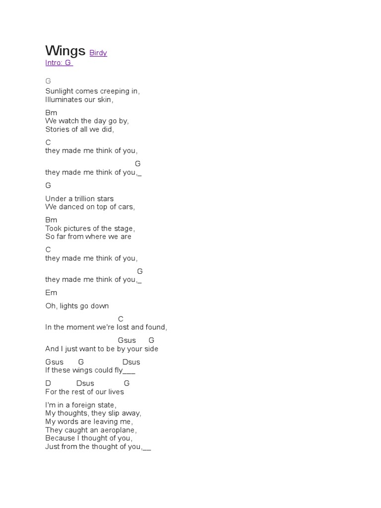 Birdy - Wings Chords and Lyrics | PDF