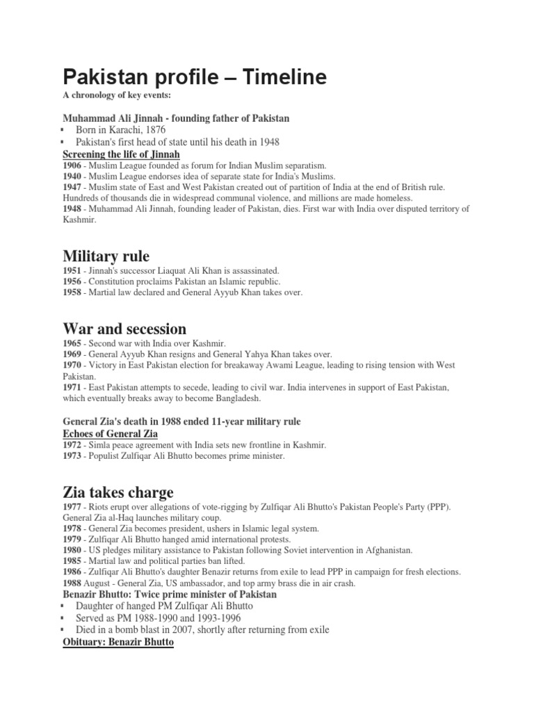 Key Events in Pakistan's History Timeline | PDF | Benazir Bhutto ...