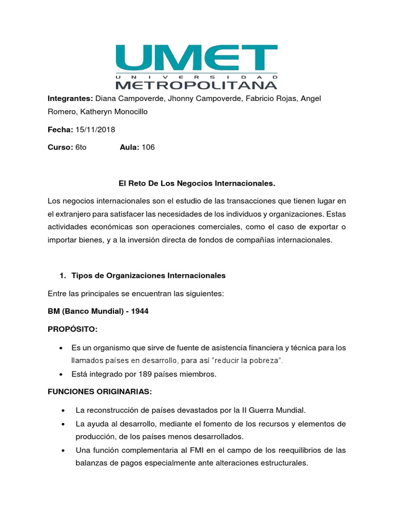 Negocios Internacionales Pdf Fondo Monetario Internacional Banco Mundial