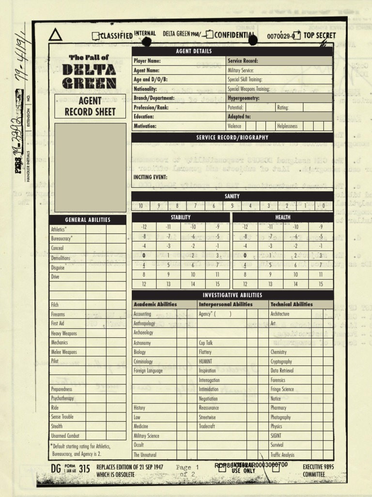 Fall of Delta Green Character Sheet | PDF | Psychology
