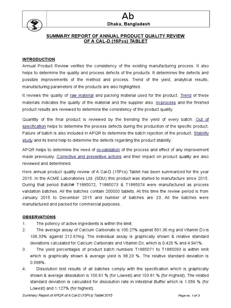 APQR Summary for A Cal-D Tablet 2015 | PDF | Coefficient Of Variation ...