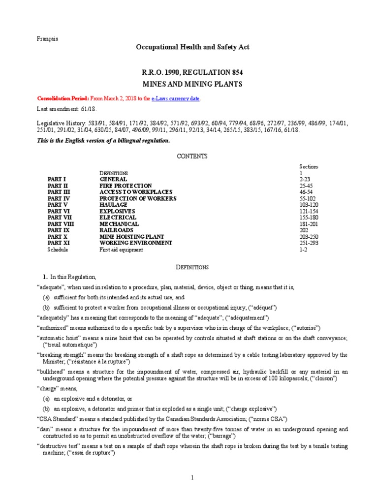 Occupational Health and Safety Act R.R.O. 1990, REGULATION 854 Mines
