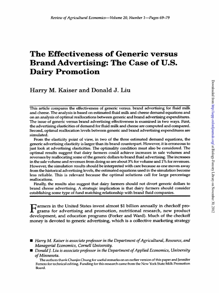 Generic vs. Brand Advertising in Dairy | PDF | Price Elasticity Of ...