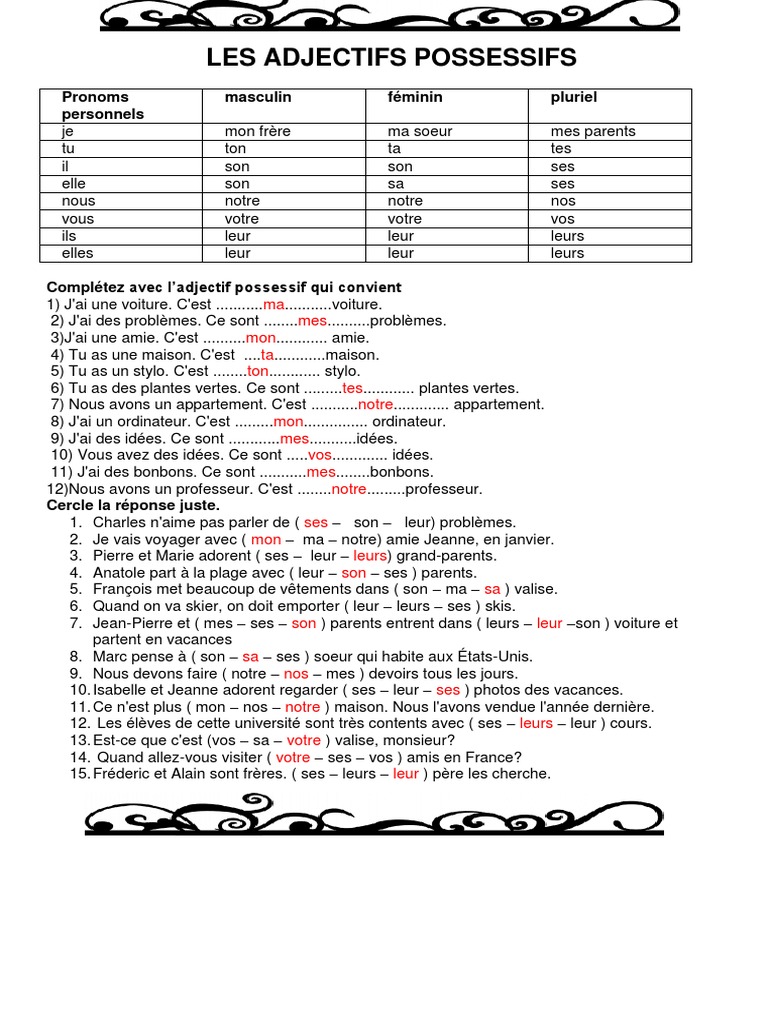 Les Adjectifs Possessifs Exercices Corrigés Adjectifs Possessifs Exercice Grammatical Feuille Dexercices Guide Gram  105588 | PDF | Échecs | Morphologie linguistique