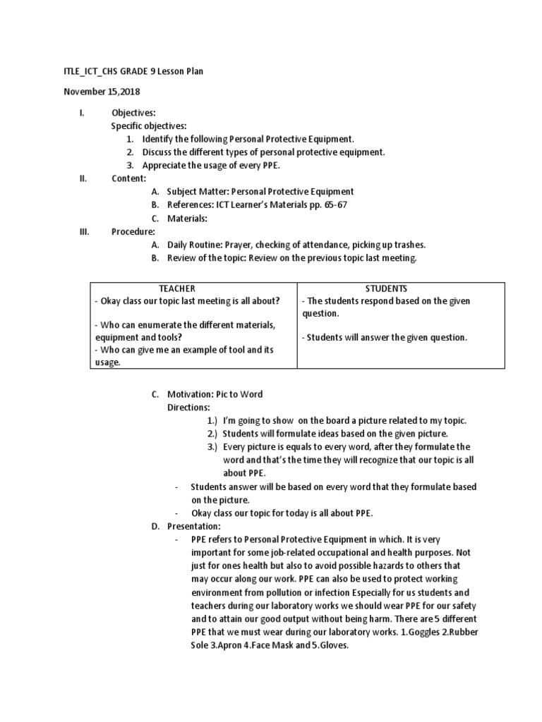 Lesson Plan (PPE) Personal Protective Equipment Lesson Plan
