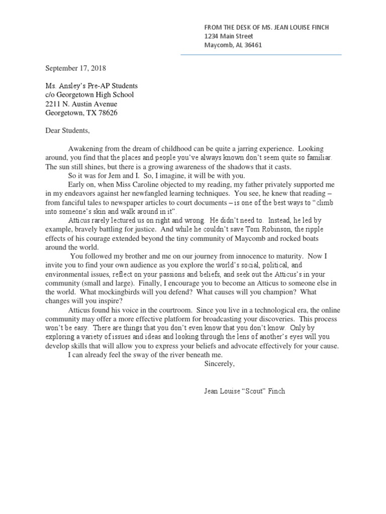 Scout Finch Letter Event | PDF | To Kill A Mockingbird | Communication