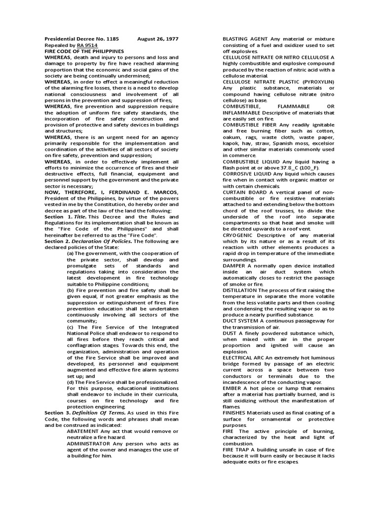 Overview of PD 1185 Fire Code | PDF | Fire Safety | Fires